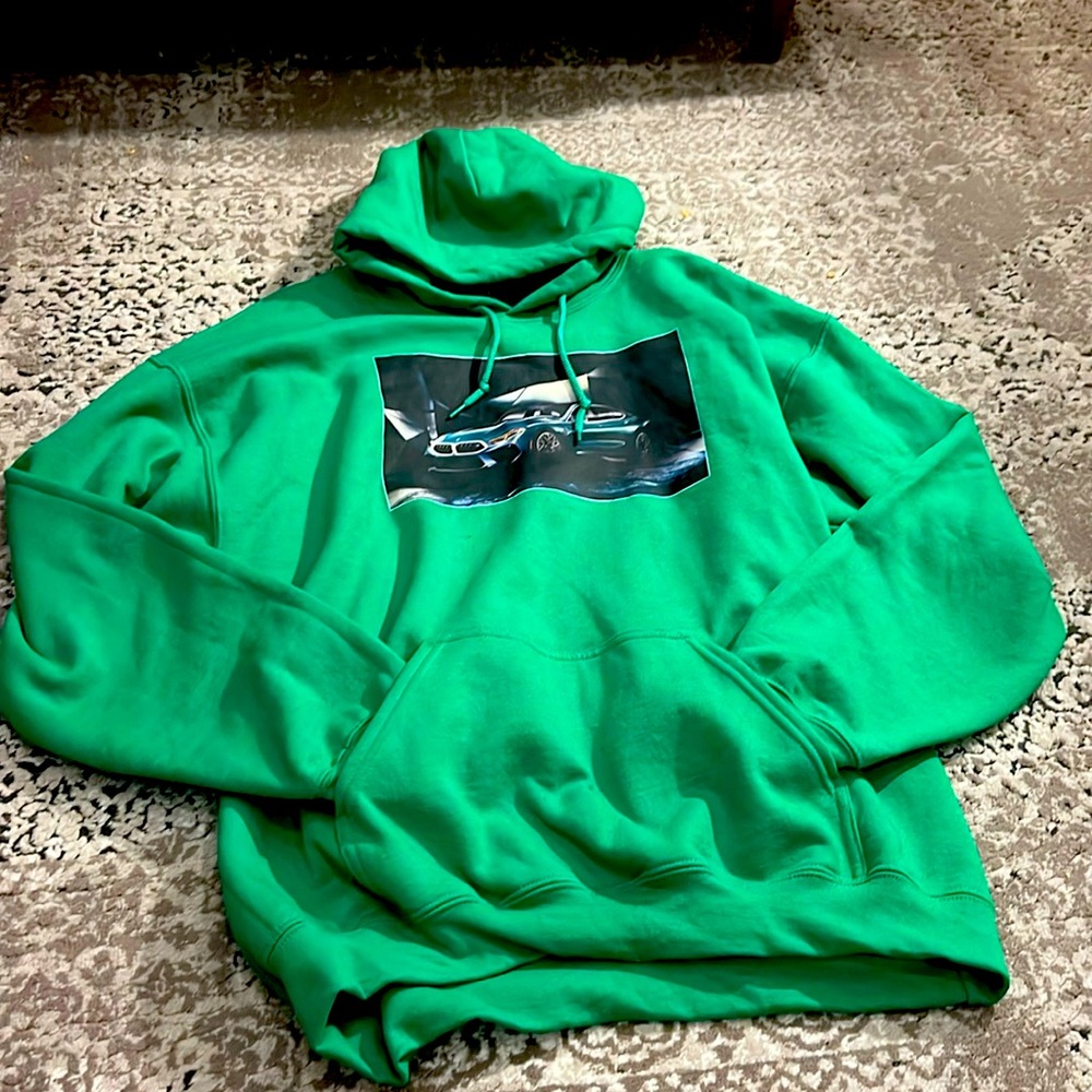 Non-branded hoodie with a BMW car print on it